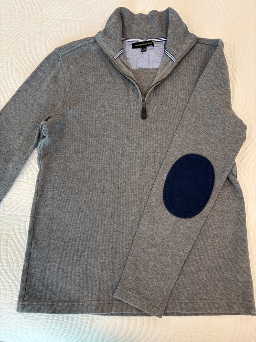 Banana Republic Men's Gray Quarter-Zip Sweater with Navy Elbow Patch